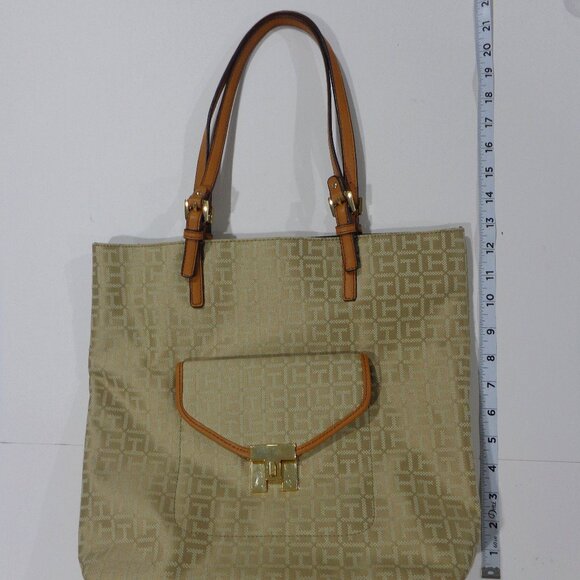 Tommy Hilfiger Tan Signature Logo Large‎ Tote Bag Gold Tone Hardware Brown - Picture 5 of 10